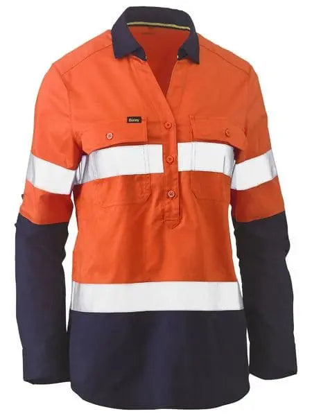 Bisley Women's Taped Hi Vis Stretch V-neck Closed Front Shirt BLC6064T Metro Workwear.